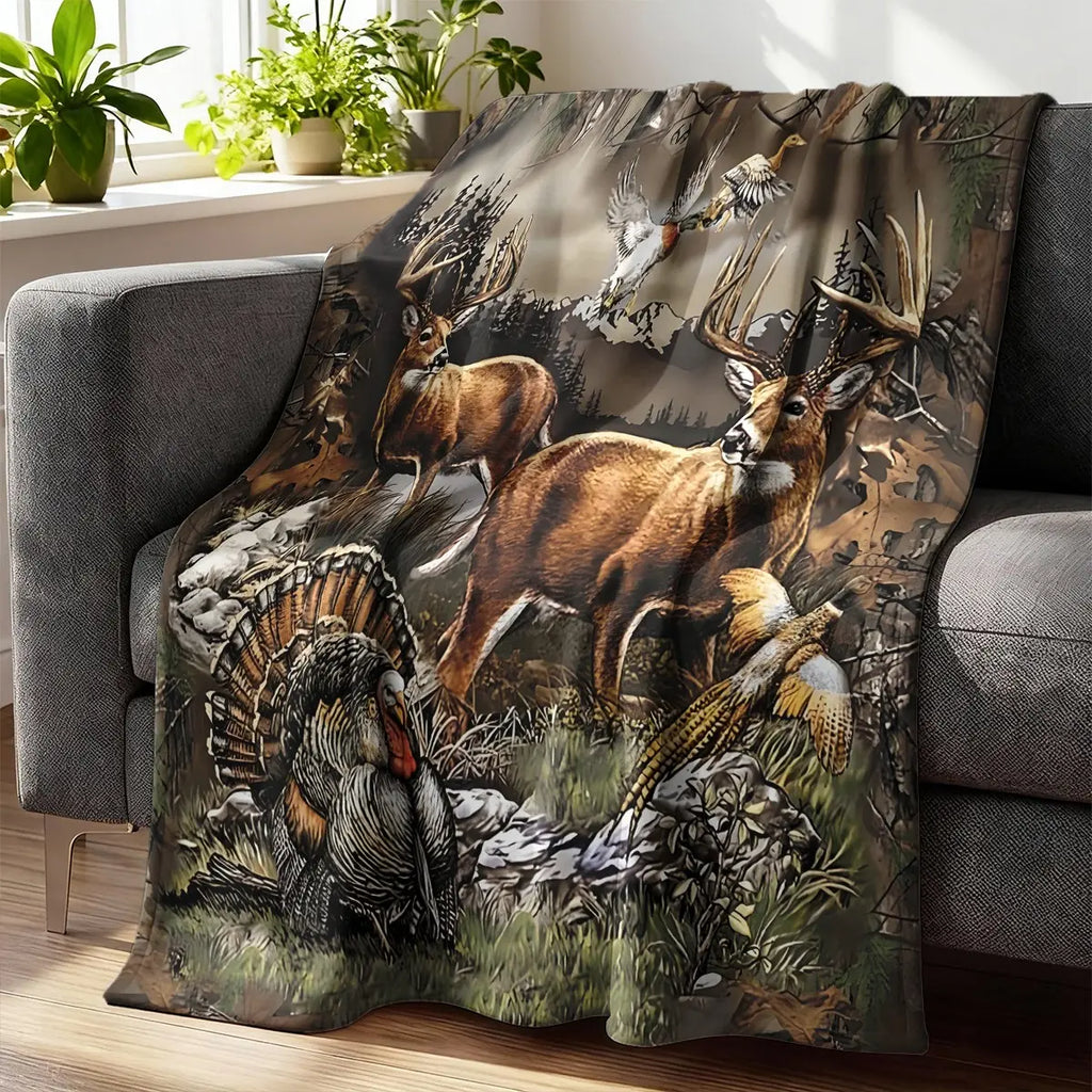 Animal Pattern Blanket, 1 Count Camouflage Deer & Turkey & Duck Pattern Blanket, Soft Warm Throw Blanket for Home Office Travel Camping, Figure Print Blanket, Animal Blankets