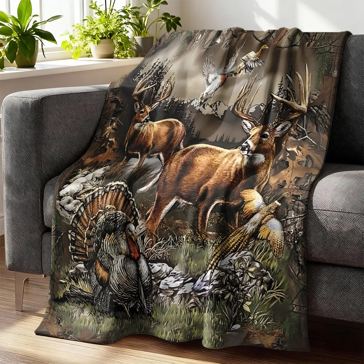 Animal Pattern Blanket, 1 Count Camouflage Deer & Turkey & Duck Pattern Blanket, Soft Warm Throw Blanket for Home Office Travel Camping, Figure Print Blanket, Animal Blankets