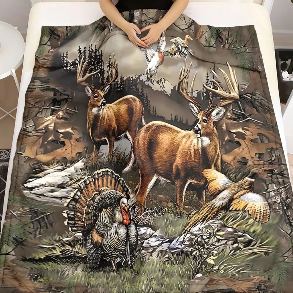 Animal Pattern Blanket, 1 Count Camouflage Deer & Turkey & Duck Pattern Blanket, Soft Warm Throw Blanket for Home Office Travel Camping, Figure Print Blanket, Animal Blankets