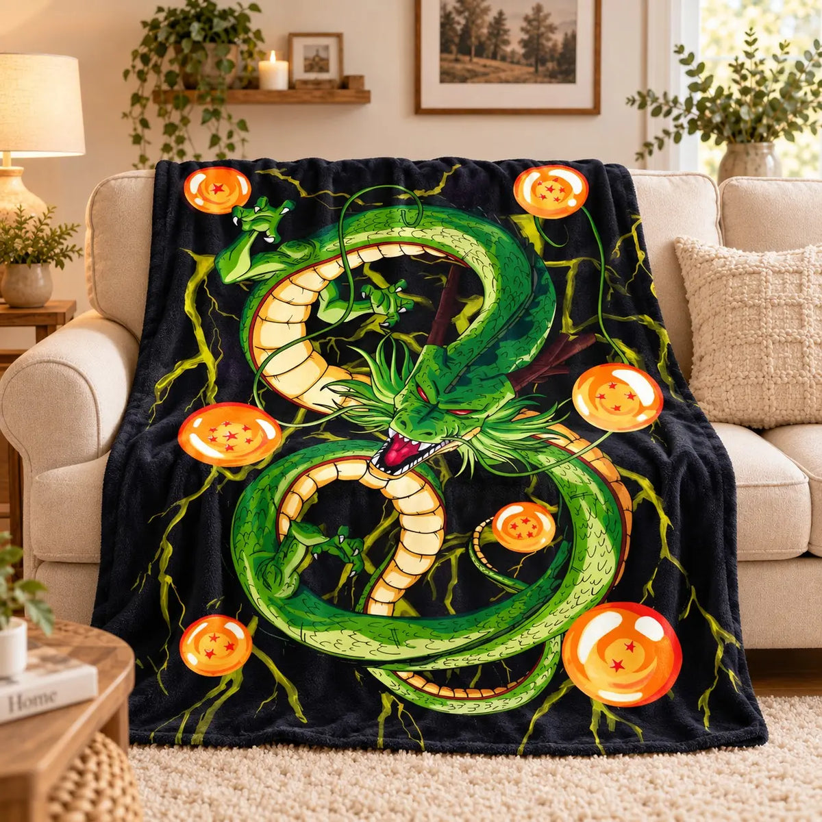 Dragon Ball Lightning & Shenron Flannel Throw Blanket, Cozy Soft Plush Material, Cartoon Print, Durable Design, Perfect for Travel and Home Use, Ideal Gift