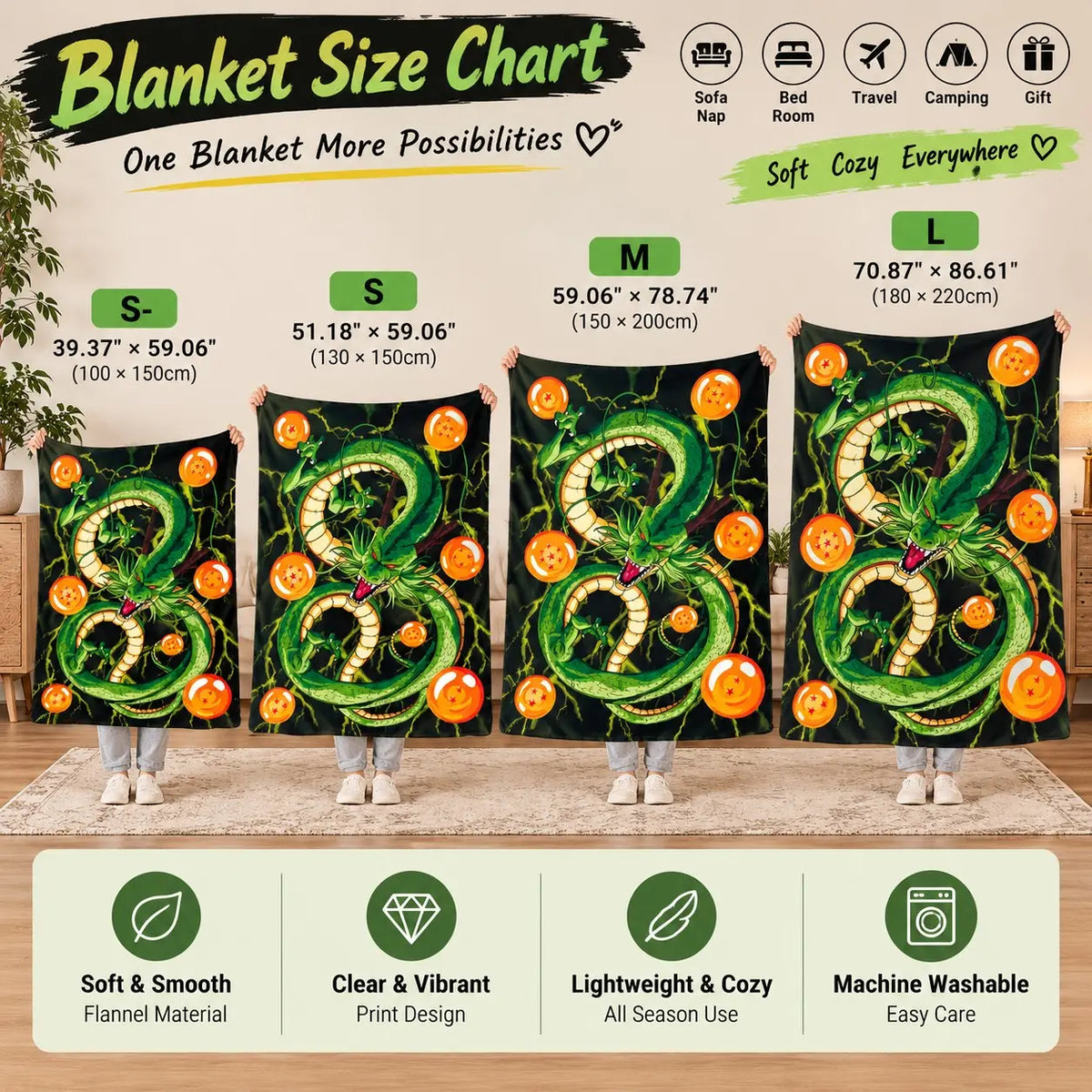 Dragon Ball Lightning & Shenron Flannel Throw Blanket, Cozy Soft Plush Material, Cartoon Print, Durable Design, Perfect for Travel and Home Use, Ideal Gift